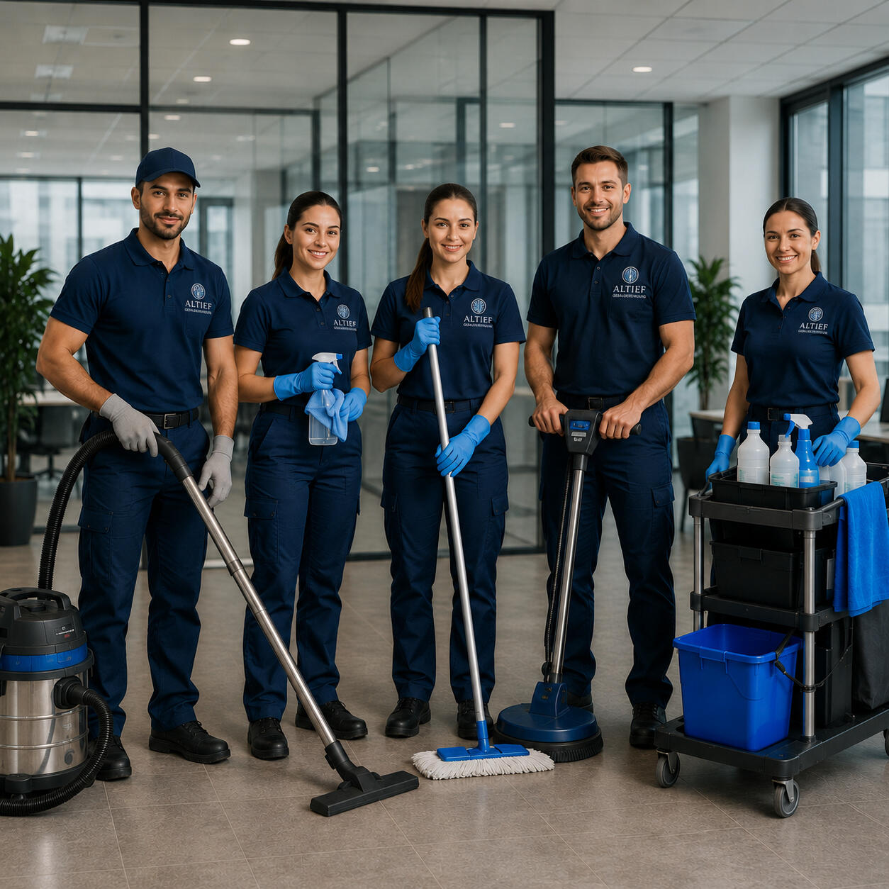 Professionelles Reinigungsteam im Büro Professionelles Reinigungsteam im Büro