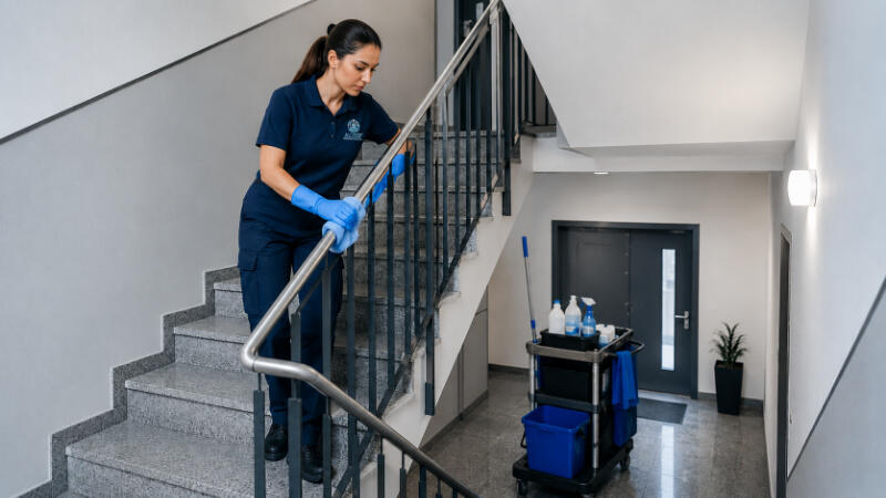 Treppenhausreinigung Gewächshaus Innenansicht mit Glasdach und Konstruktion in dunkler, moderner Darstellung