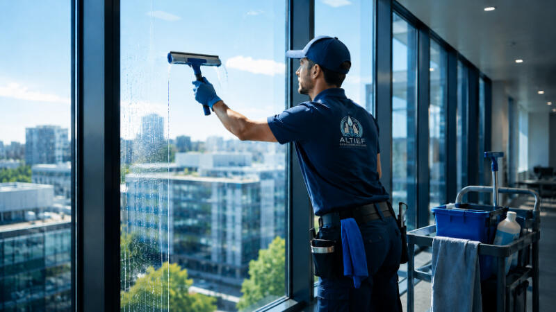 Fensterputzer mit Blick auf die Stadt
